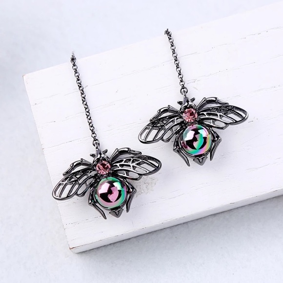 Mystic Pearl Insect Long Drop Earrings - Picture 2 of 6